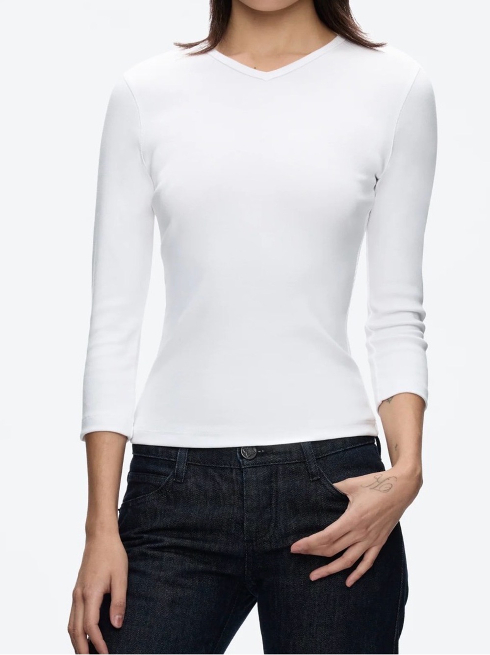 Aritzia HomeStretch White Rib V- Neck Long Sleeve Women's Top